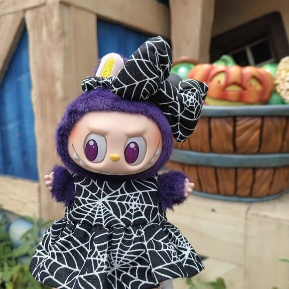 Custom Labubu Halloween Spider Web Dress and Matching Bow - Picture 1 of 6